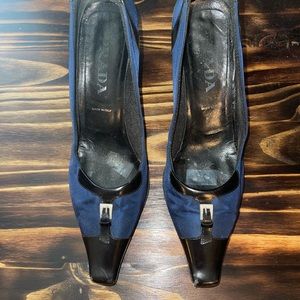 Prada blue fabric black leather trim pumps spool heel 2.5-3 in